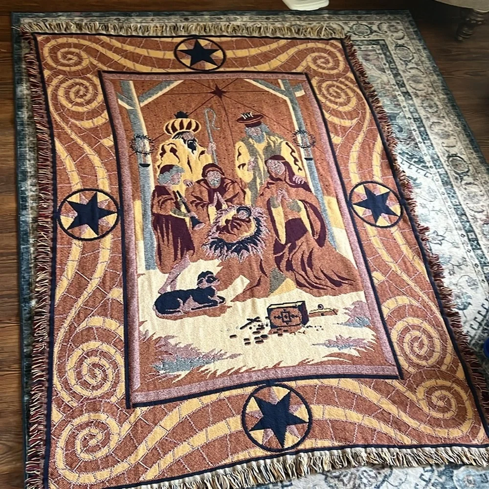 Vintage Tapestry Throw with Nativity Scene Fringed Trim 46X64”